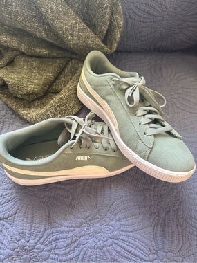 Puma Women's Suede Sneaker in Sage Green with White Stripe